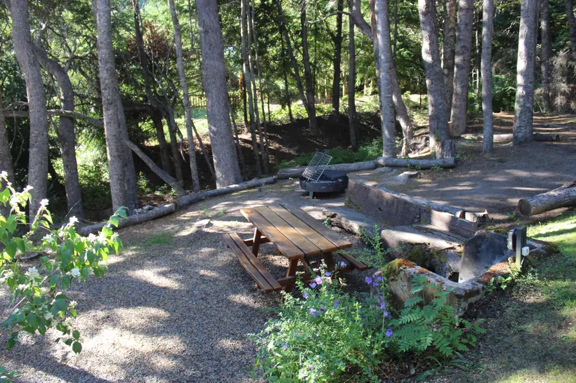 Mesa de picnic y fogonero en el bosque